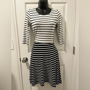 DownEast Black and White Striped 3/4 Sleeve women’s Dress. Size S